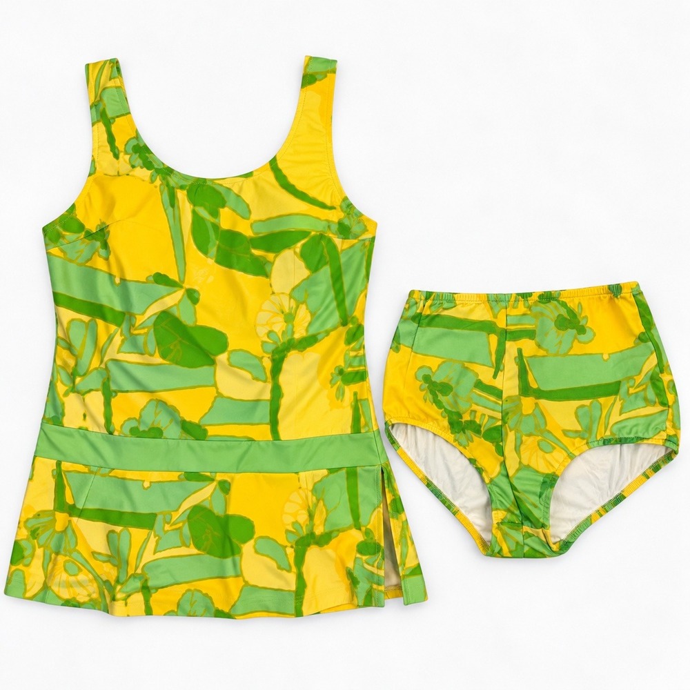 Vtg 60s Yellow Green Floral Swimsuit Two Piece High Waist Psychedelic Archive M